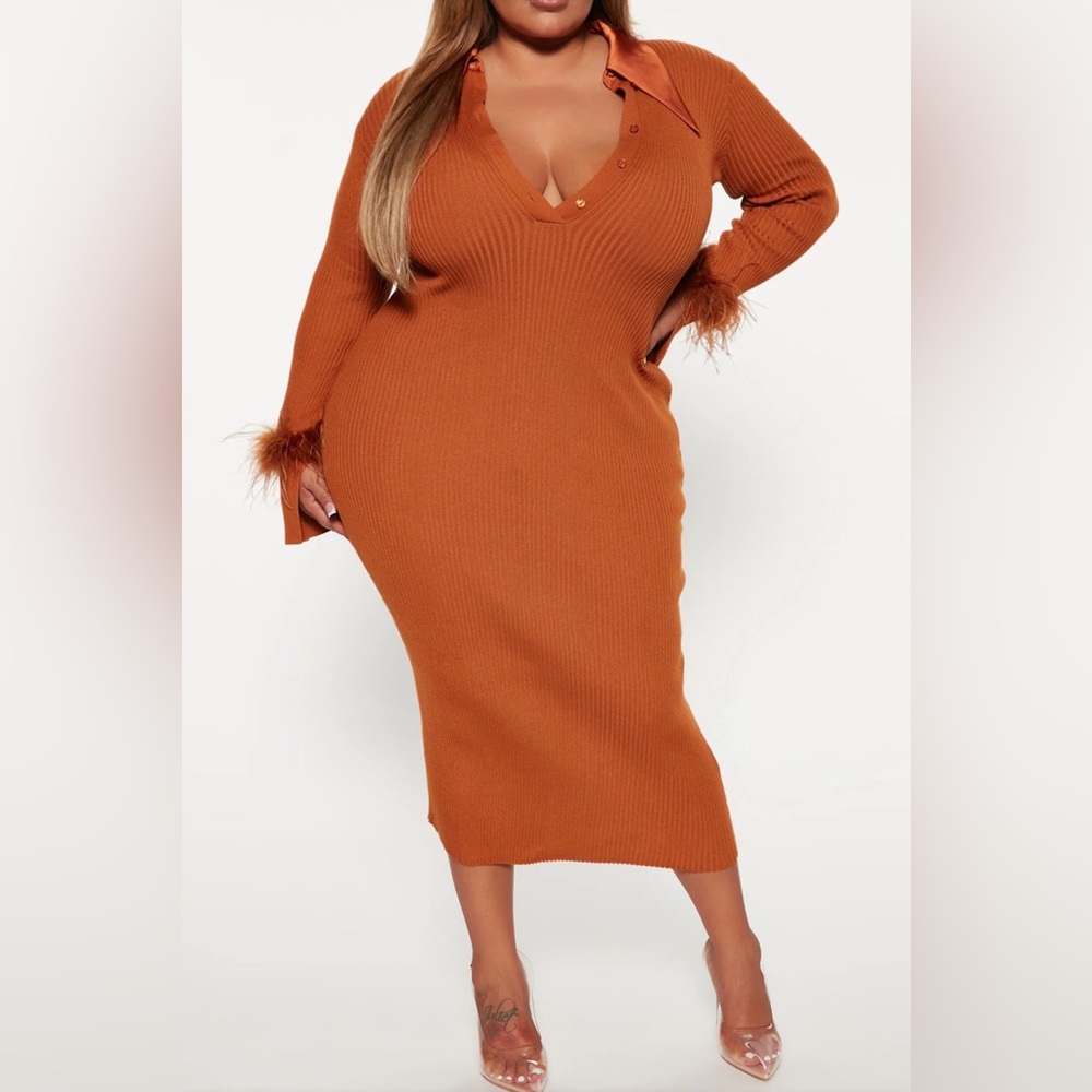 Fashion Nova Burnt Orange Long Sleeve Dress